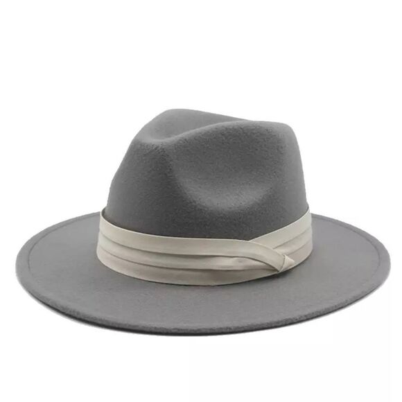 Gray Wide Brim Tall Dented Crown Tailored Band Fashion Fedora Hat - NEW - Picture 2 of 4